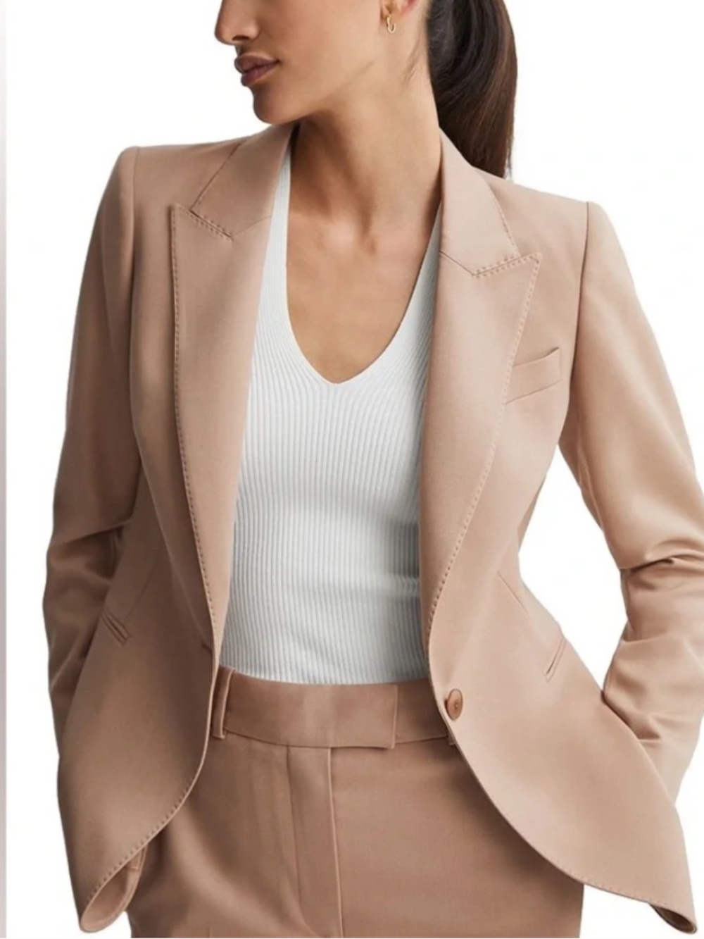 Reiss Tan Wool Blend Marlie Single Breasted Blazer Jacket, Size 6